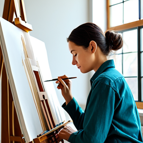 Home 23 A serene adult individual in comfortable, modest artist's attire, deeply focused while painting on a canvas in a sunlit art studio. The scene conveys a sense of calm reflection and creative expression, with a vibrant color palette on the canvas. The studio is clean and organized, with art supplies neatly arranged. Perfect anatomy, correct proportions, natural pose, well-formed hands, proper finger count. Professional photography, high detail, cinematic lighting. Safe for work, appropriate content, fully clothed, modest clothing, family-friendly.