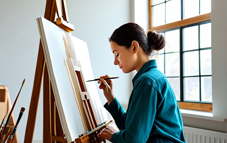 A serene adult individual in comfortable, modest artist's attire, deeply focused while painting on a canvas in a sunlit art studio. The scene conveys a sense of calm reflection and creative expression, with a vibrant color palette on the canvas. The studio is clean and organized, with art supplies neatly arranged. Perfect anatomy, correct proportions, natural pose, well-formed hands, proper finger count. Professional photography, high detail, cinematic lighting. Safe for work, appropriate content, fully clothed, modest clothing, family-friendly.