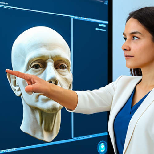 Home 22 A professional female art educator, fully clothed in a modest, contemporary business casual outfit, demonstrating digital sculpting on a large interactive screen in a bright, modern art studio. The screen displays a detailed 3D model, and the educator is gesturing towards it with a natural pose. The background includes various art supplies and advanced digital equipment, emphasizing the integration of technology in art education. The image features perfect anatomy, correct proportions, well-formed hands, and proper finger count. Professional studio photography, high resolution, safe for work, appropriate content, professional.