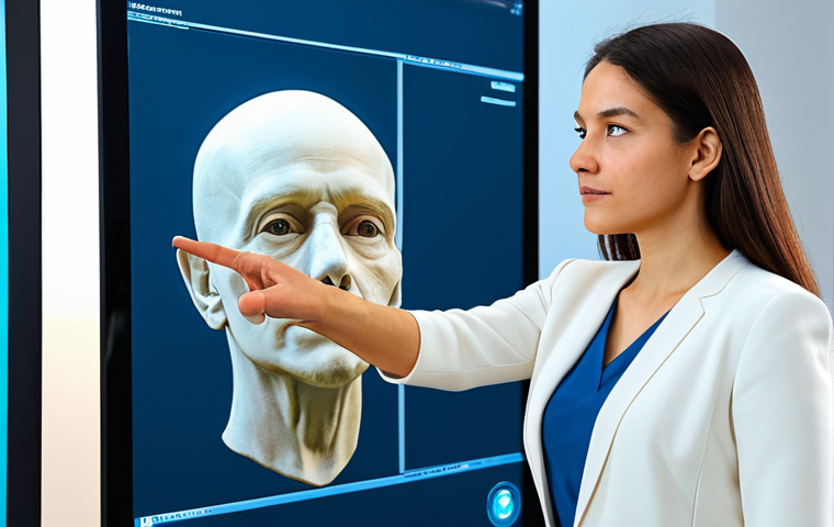 A professional female art educator, fully clothed in a modest, contemporary business casual outfit, demonstrating digital sculpting on a large interactive screen in a bright, modern art studio. The screen displays a detailed 3D model, and the educator is gesturing towards it with a natural pose. The background includes various art supplies and advanced digital equipment, emphasizing the integration of technology in art education. The image features perfect anatomy, correct proportions, well-formed hands, and proper finger count. Professional studio photography, high resolution, safe for work, appropriate content, professional.