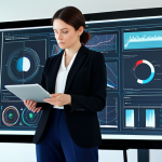 A professional female art educator, mid-30s, wearing a modest yet stylish blazer and slacks, fully clothed, appropriate attire, professional dress. She is intently focused on a large interactive digital screen, demonstrating techniques on a graphic tablet with a subtle glowing digital pen. On the screen, abstract AI-generated art blends with human-drawn elements, showcasing prompt engineering. The setting is a modern, well-lit art studio with minimalist decor, large windows, and sleek digital workstations in the background. Perfect anatomy, correct proportions, natural pose, well-formed hands, proper finger count, safe for work, appropriate content, professional, high detail, studio lighting, ultra-realistic, photo-realistic.