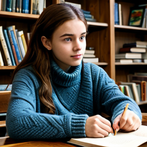 Home 20 Studying Art History**
Prompt: A young woman with a focused expression, sitting at a wooden table in a cozy library setting, surrounded by art history books and sketches. She is wearing a comfortable sweater and jeans. The atmosphere is warm and inviting, with soft lighting. Perfect anatomy, correct proportions, well-formed hands, proper finger count, natural pose, fully clothed, appropriate attire, safe for work, professional, modest, family-friendly.
**