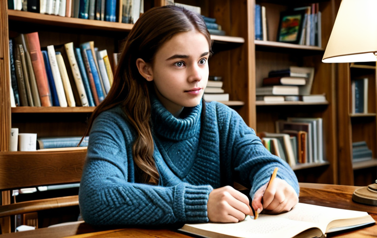 Studying Art History**
Prompt: A young woman with a focused expression, sitting at a wooden table in a cozy library setting, surrounded by art history books and sketches. She is wearing a comfortable sweater and jeans. The atmosphere is warm and inviting, with soft lighting. Perfect anatomy, correct proportions, well-formed hands, proper finger count, natural pose, fully clothed, appropriate attire, safe for work, professional, modest, family-friendly.
**