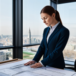 **

A professional architect, fully clothed in modest business attire, standing in a bright, modern architectural office. She is reviewing blueprints spread across a large table, with cityscape views visible through the large windows. Safe for work, appropriate content, perfect anatomy, correct proportions, natural pose, well-formed hands, proper finger count, natural body proportions, professional.

**