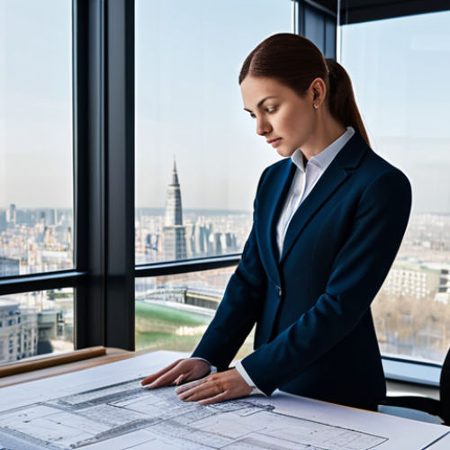 Home 9 **
A professional architect, fully clothed in modest business attire, standing in a bright, modern architectural office. She is reviewing blueprints spread across a large table, with cityscape views visible through the large windows. Safe for work, appropriate content, perfect anatomy, correct proportions, natural pose, well-formed hands, proper finger count, natural body proportions, professional.
**