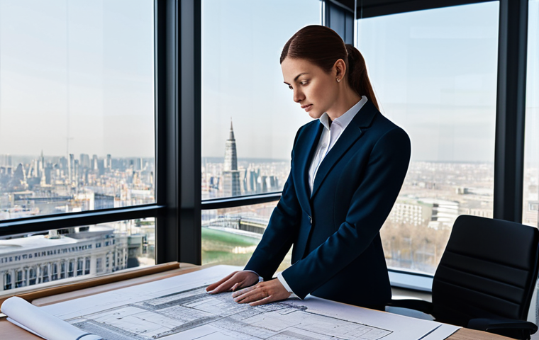 **
A professional architect, fully clothed in modest business attire, standing in a bright, modern architectural office. She is reviewing blueprints spread across a large table, with cityscape views visible through the large windows. Safe for work, appropriate content, perfect anatomy, correct proportions, natural pose, well-formed hands, proper finger count, natural body proportions, professional.
**