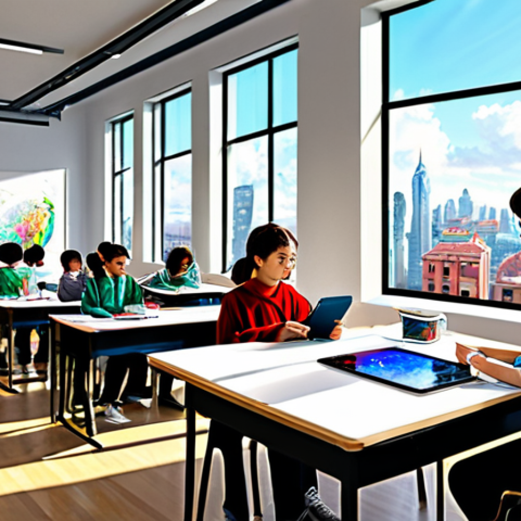 미술교육사와 현대미술 교육 사례 - **Prompt:** "A vibrant art classroom filled with students experimenting with various media – digital...