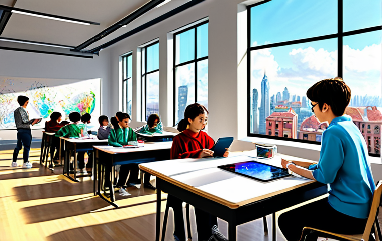 미술교육사와 현대미술 교육 사례 - **Prompt:** "A vibrant art classroom filled with students experimenting with various media – digital...