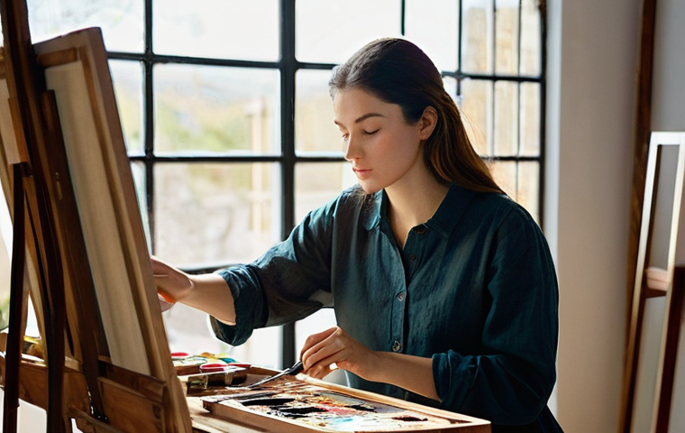 미술교육사와 전통미술 교육 - **A Serene Classical Painter:**
A highly detailed, realistic image of a serene female artist in ...