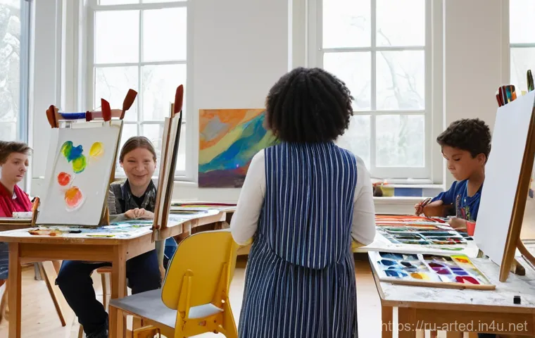 미술교육사 취업 과정 단계별 가이드 - **Prompt:** A young, enthusiastic art teacher, appearing to be in their late 20s or early 30s, stand...