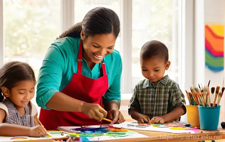 미술교육사 자격증 단기 합격 노하우 - **Prompt:** A vibrant, brightly lit art studio filled with creative energy. An enthusiastic female a...