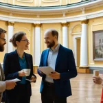 Home 18 미술교육사 네트워킹 방법 - A group of diverse Russian art educators, both men and women, professionally dressed, engaging in li...