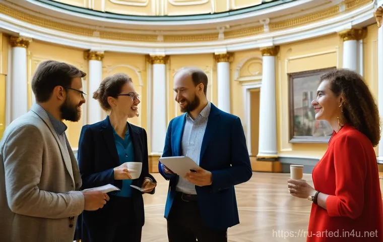미술교육사 네트워킹 방법 - A group of diverse Russian art educators, both men and women, professionally dressed, engaging in li...