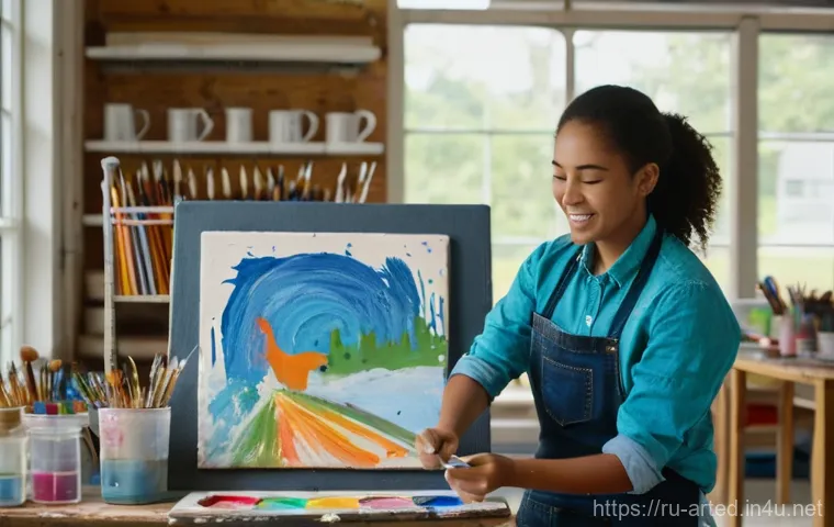 미술교육사로서의 윤리적 문제 - **Prompt:** A warm and inspiring scene inside a bustling art studio. An encouraging art teacher, a w...