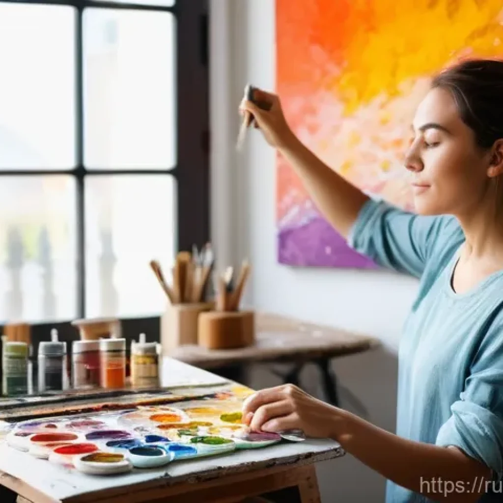 미술교육사 직업 스트레스 관리법 - **Prompt 1: Reconnecting with Personal Artistry**
"A female art teacher, mid-30s, with kind eyes...