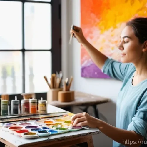 Home 28 미술교육사 직업 스트레스 관리법 - **Prompt 1: Reconnecting with Personal Artistry**
"A female art teacher, mid-30s, with kind eyes...