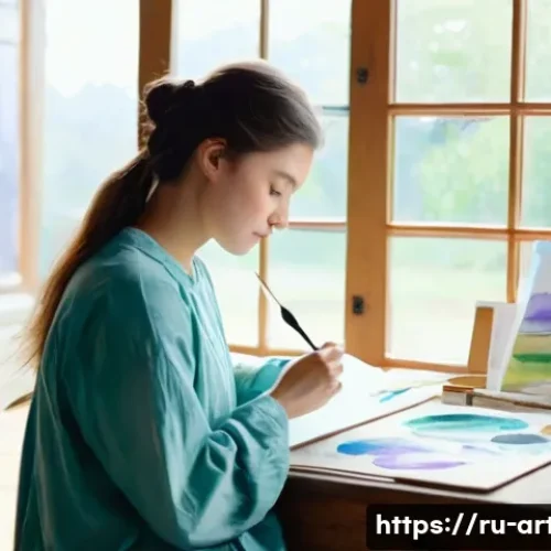 Home 27 미술교육사와 예술치유 프로그램 - **Prompt 1: Serene Self-Discovery Through Watercolor Painting**
"A young woman, early 20s, with ...