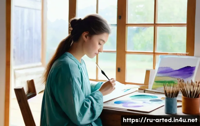 미술교육사와 예술치유 프로그램 - **Prompt 1: Serene Self-Discovery Through Watercolor Painting**
"A young woman, early 20s, with ...