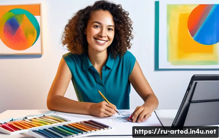 미술교육사로서의 자기계발 - **Prompt:** A dynamic, inspiring image of a female art educator in her late 30s to early 40s, with a...