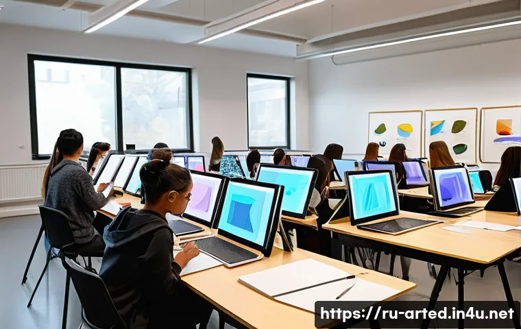 미술교육사 취업을 위한 추천 자격증 - A modern art classroom scene featuring a diverse group of adult and teenage students actively engage...