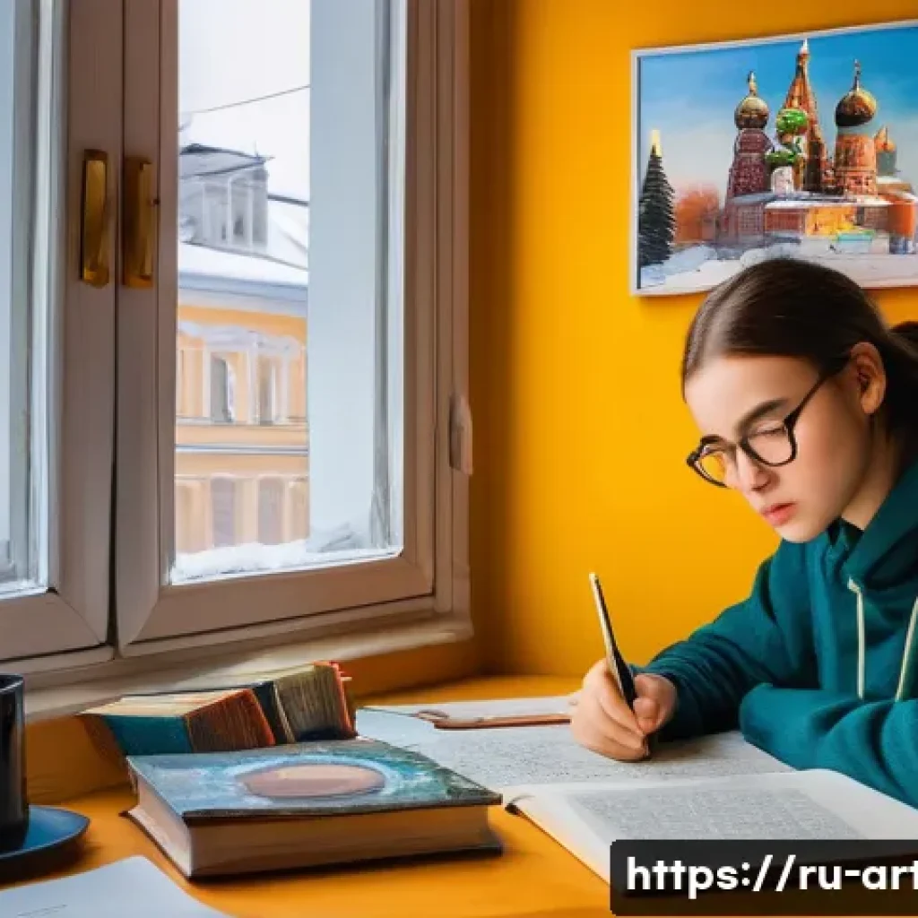 미술교육사 시험 합격 전략 - A detailed study scene of a Russian student preparing for an art history exam at a cozy desk by a wi...