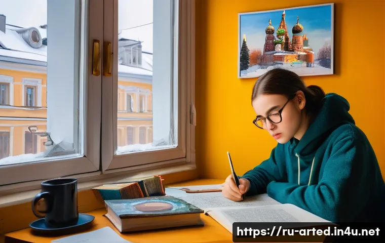 미술교육사 시험 합격 전략 - A detailed study scene of a Russian student preparing for an art history exam at a cozy desk by a wi...