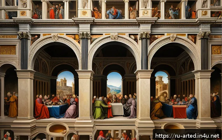 미술교육사 국가시험 준비 자료 - A richly detailed Renaissance art scene depicting a harmonious composition with accurate perspective...