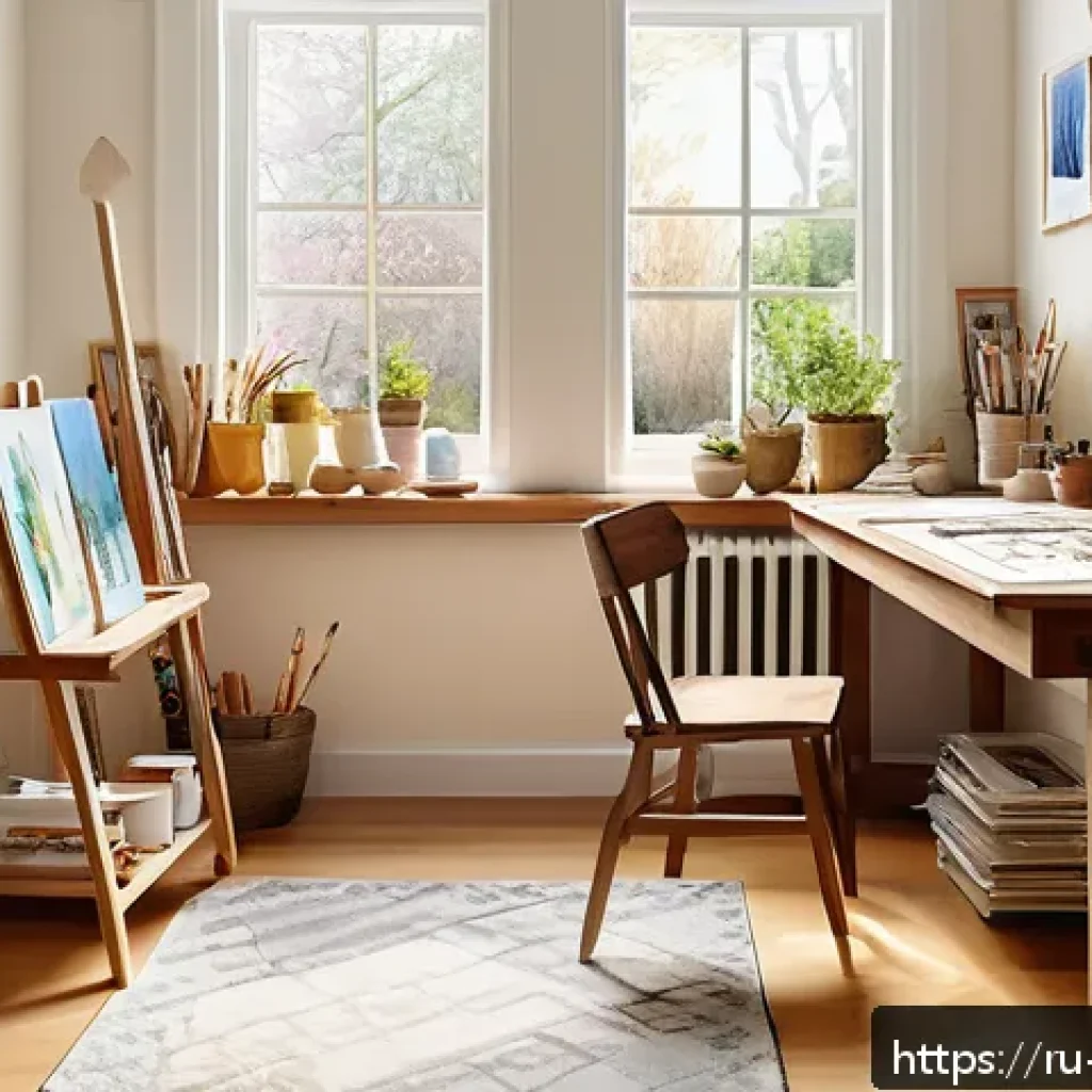 미술교육사 입문자를 위한 가이드 - A cozy, well-lit art studio corner designed for a beginner painter, featuring a small wooden desk wi...