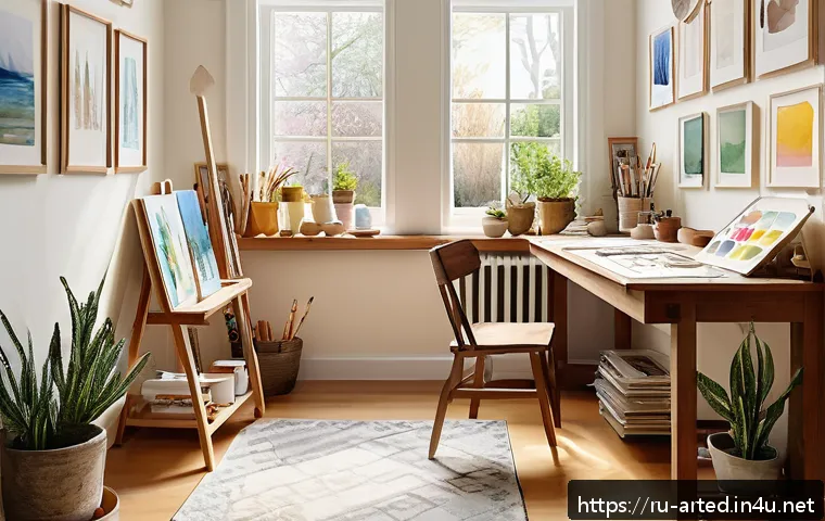 미술교육사 입문자를 위한 가이드 - A cozy, well-lit art studio corner designed for a beginner painter, featuring a small wooden desk wi...