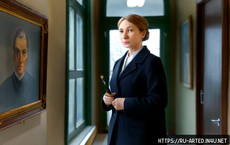 미술교육사 연봉 협상 실패 사례 - Photorealistic Russian art educator leaving a modest school administration office after an unsuccess...