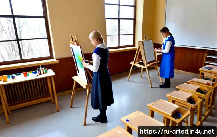 미술교육사 교육 환경 구축 방법 - Photorealistic wide-angle view of a thoughtfully designed Russian art education classroom, mature ar...